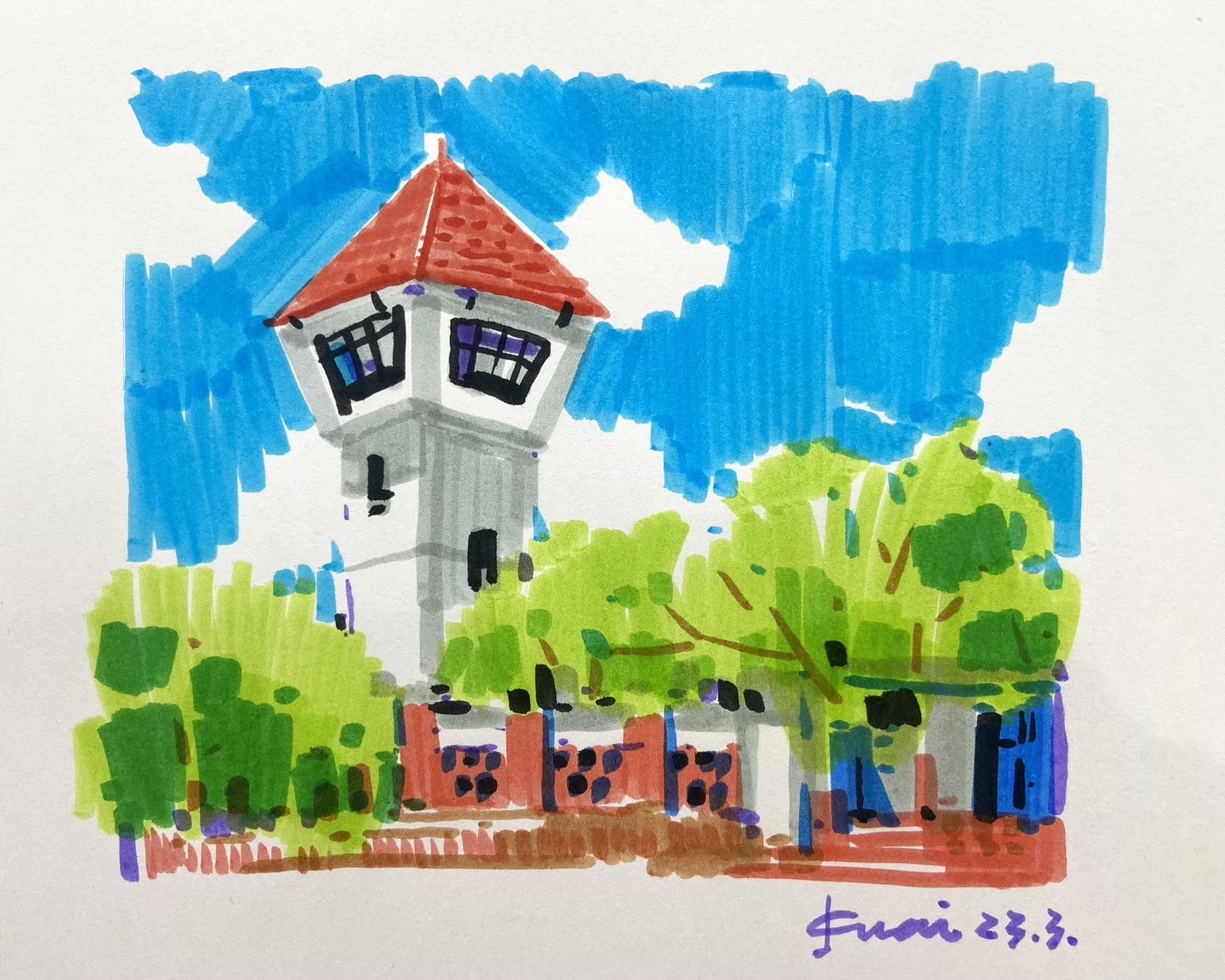 小乖老師使用FLOMO富樂夢18色可水洗軟頭彩繪筆畫出台南著名古蹟「安平古堡」