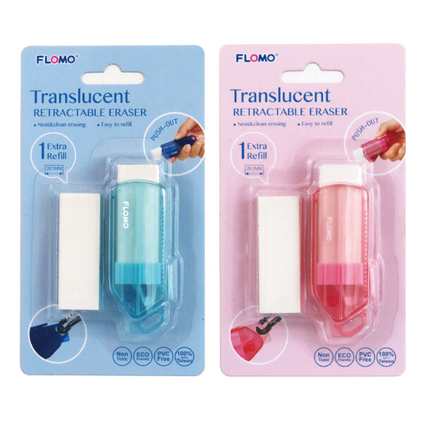 FF-R2101K2 Translucent Retractable Standard Eraser Set,1 pc and 1 Refill Eraser (Pink/Blue)